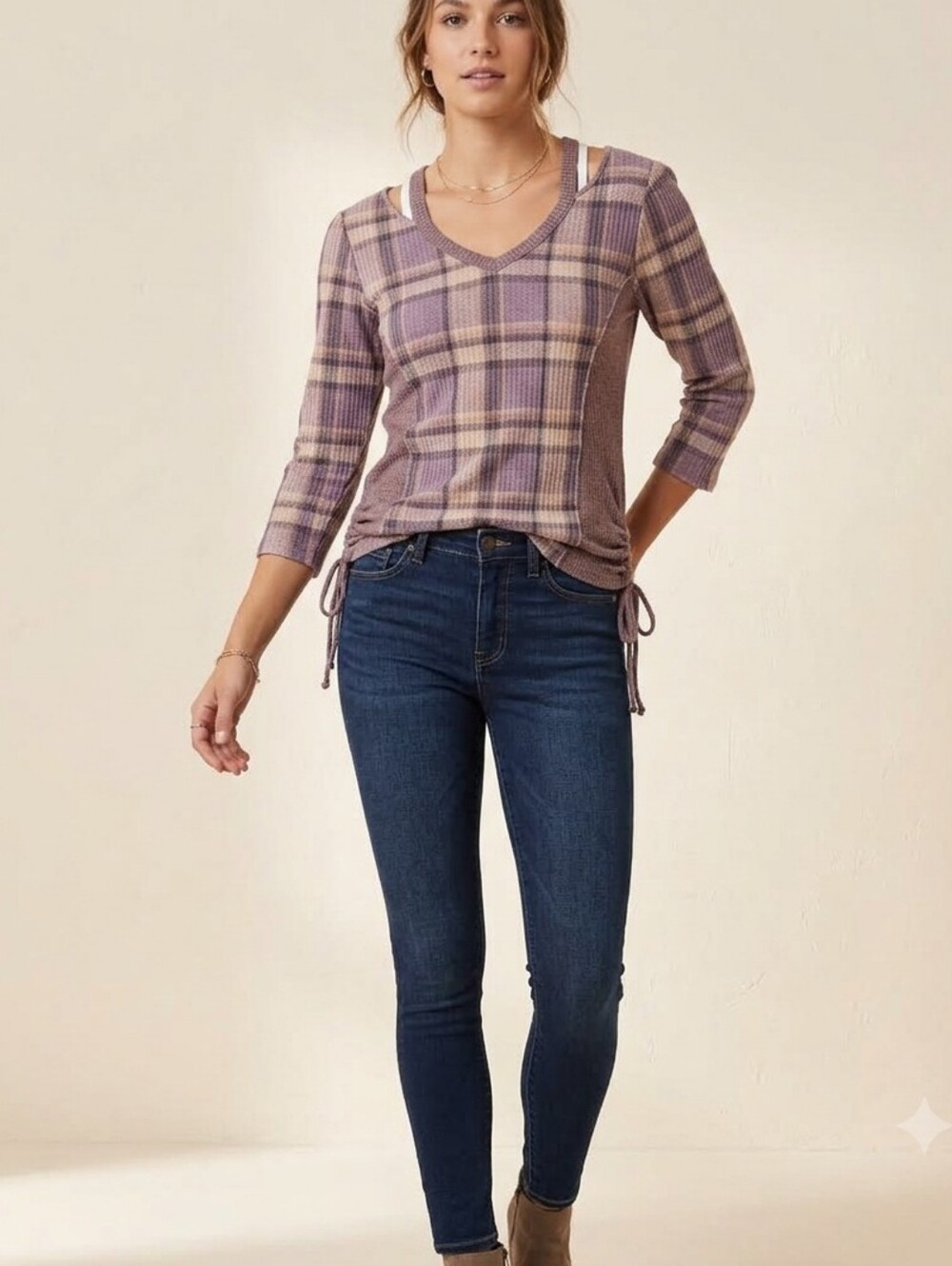 Cato Purple Plaid V-Neck Cozy Knit Side Ruched Sweater. Size SP    S  12